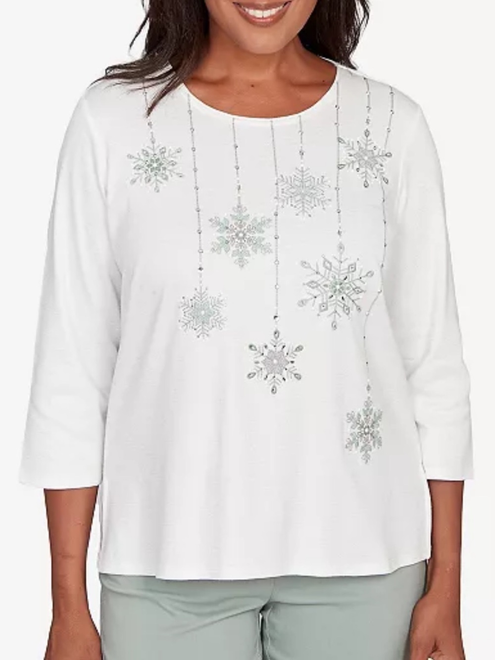 Alfred Dunner Stockbridge Snowflake Mother of Pearl Studded Shimmer Top